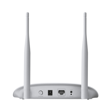 White wireless router with two antennas on a white background