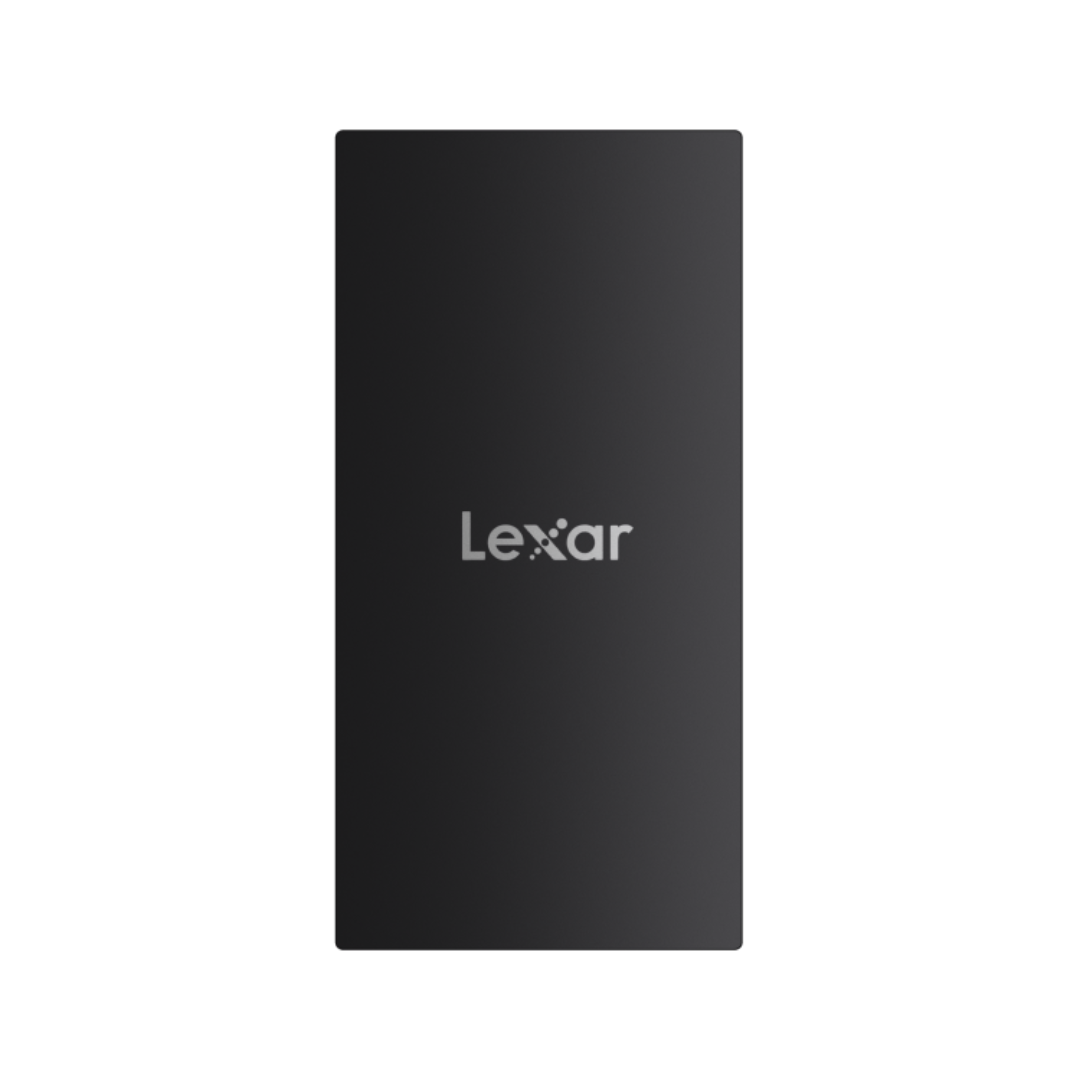 Black external hard drive with Lexar logo on a white background