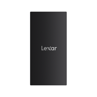Black external hard drive with Lexar logo on a white background
