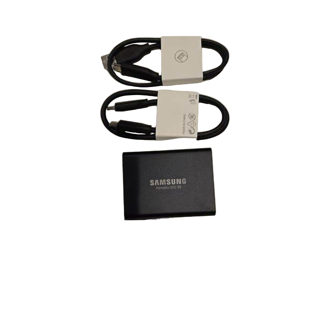 Samsung Portable SSD with two cables on a light gray background