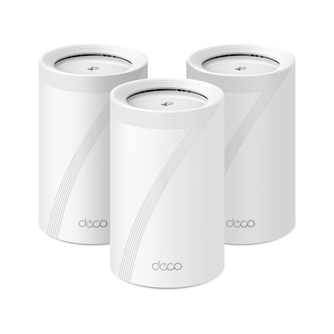 Three white 'deco' mesh Wi-Fi devices on a white background