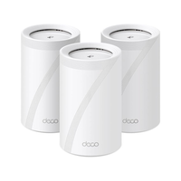 Three white 'deco' mesh Wi-Fi devices on a white background