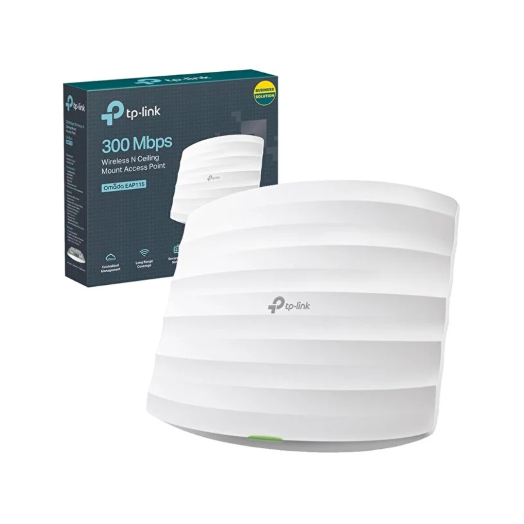 White ceiling-mounted access point with TP-Link branding and packaging on a white background
