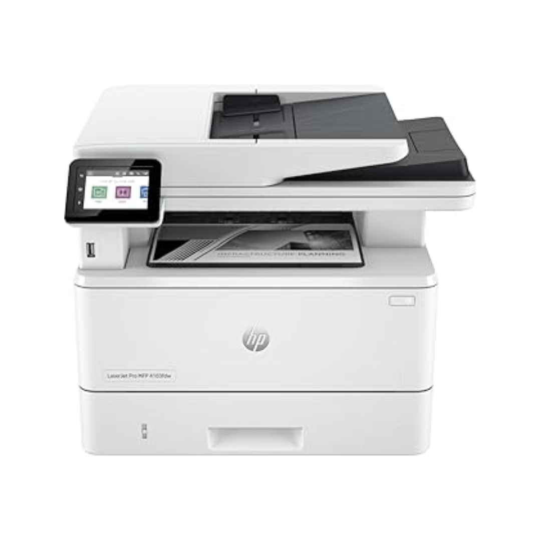 HP printer with touchscreen interface on a white background