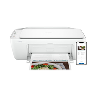 White HP printer with a smartphone displaying a recipe on a white background