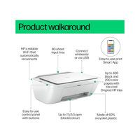 HP printer with features highlighted on a white background