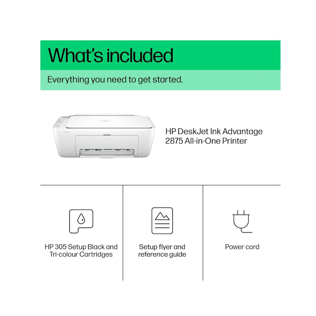HP DeskJet Ink Advantage 2875 All-in-One Printer with included items listed on a white background.