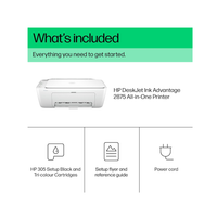 HP DeskJet Ink Advantage 2875 All-in-One Printer with included items listed on a white background.