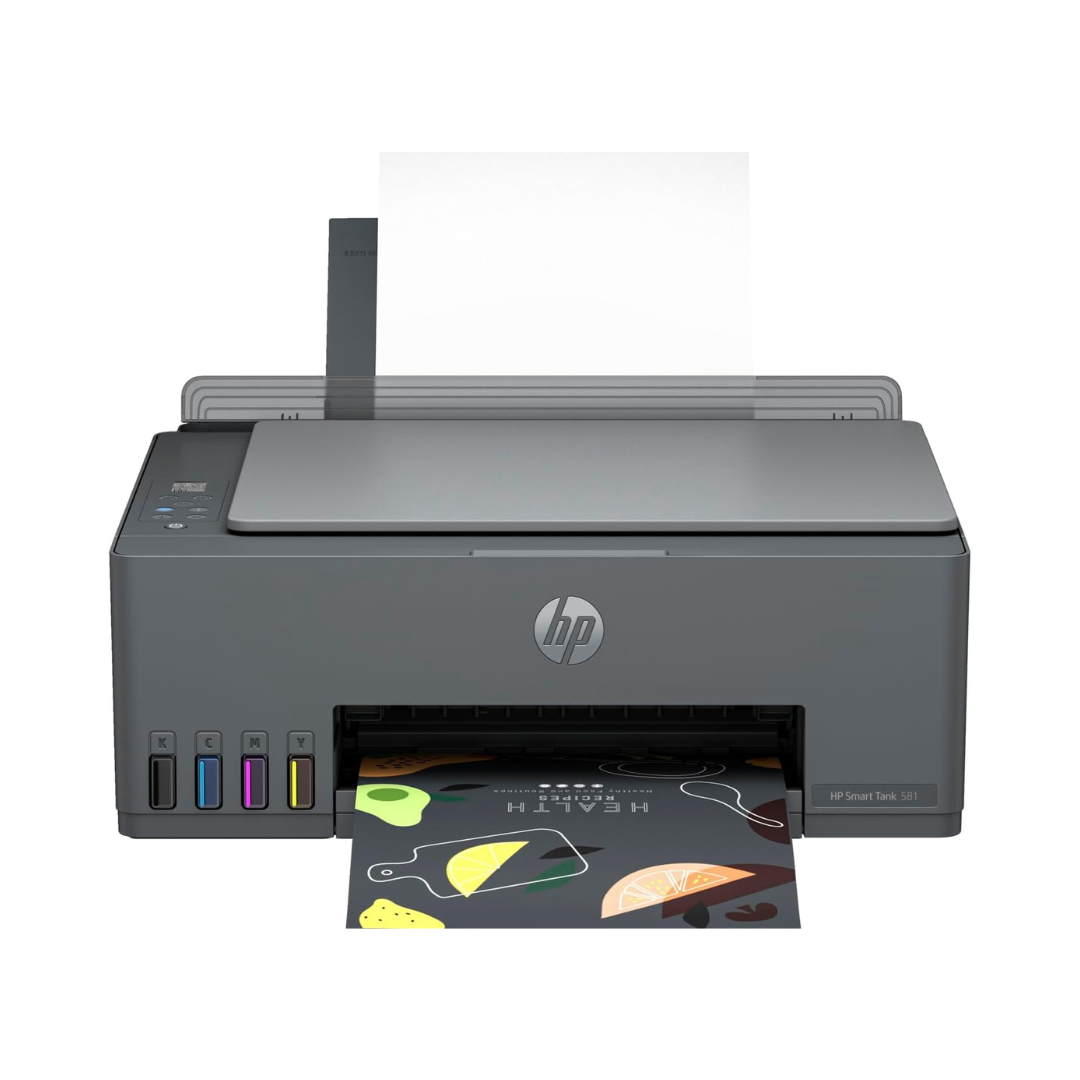 HP printer with a colorful print output on a white background