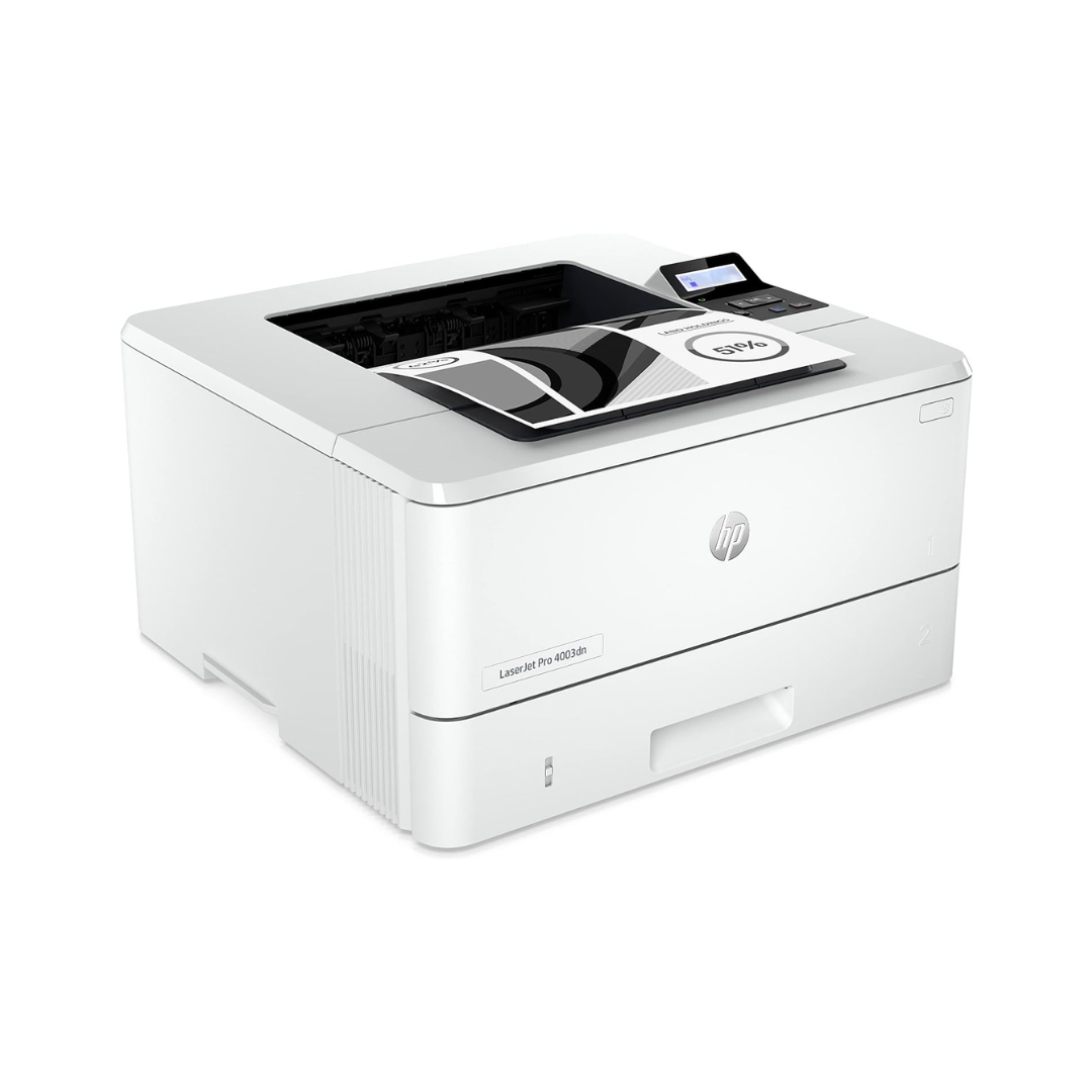 White HP laser printer on a white background