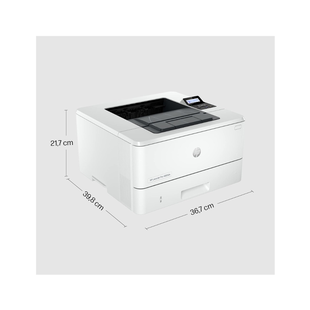 White HP printer with dimensions labeled on a white background