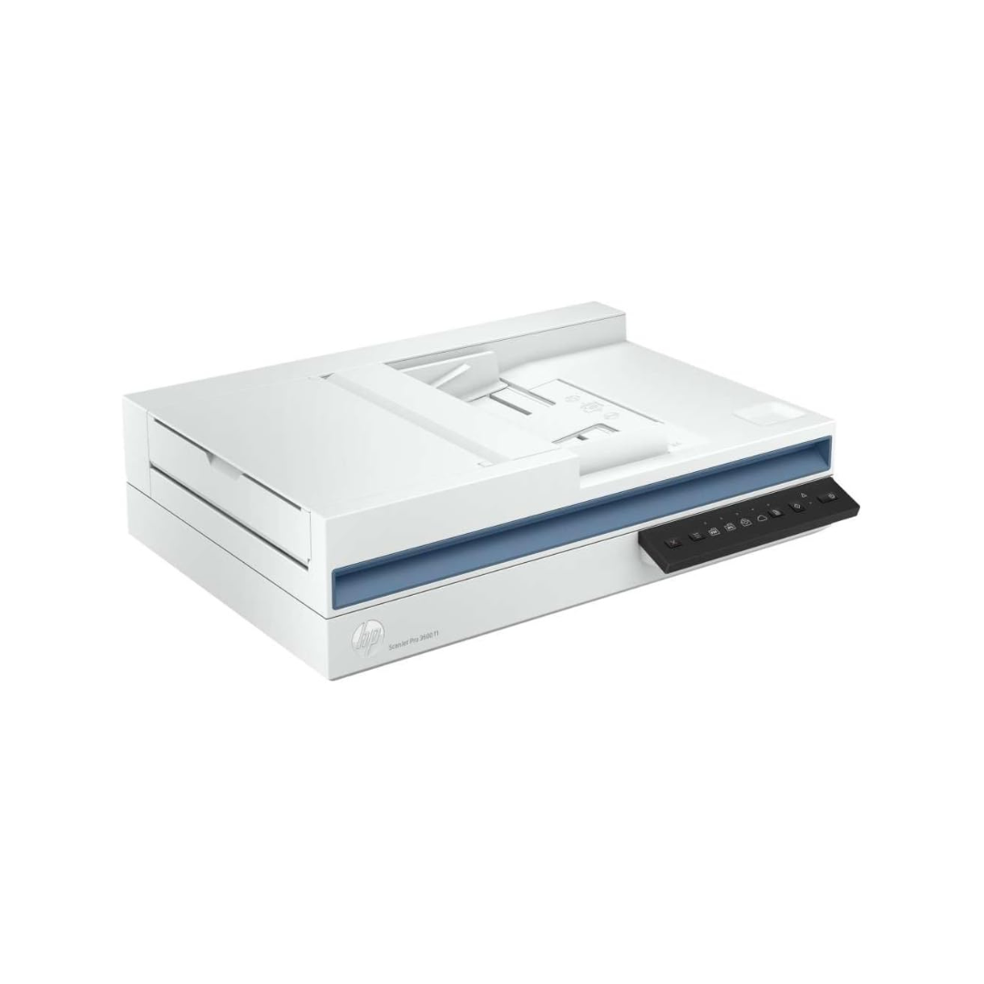 White electronic device with blue accents on a white background