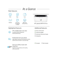 HP LaserJet MFP M141w printer with feature list on a white background