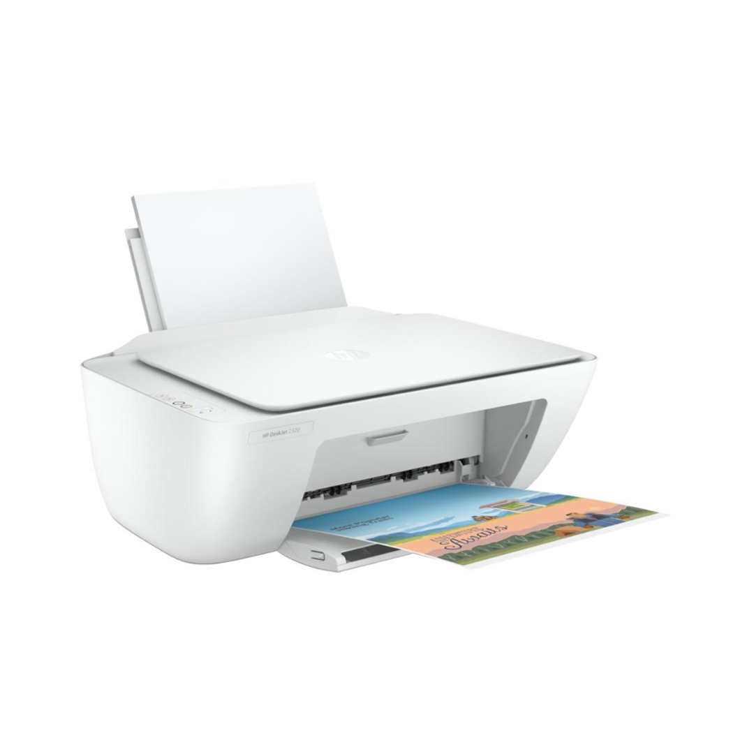 White printer with a document being printed on a white background
