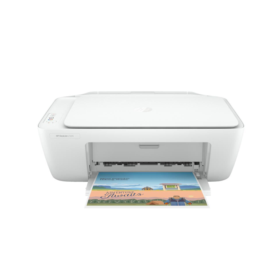 White printer with a printed document on a white background