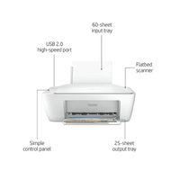 White printer with labeled features on a white background