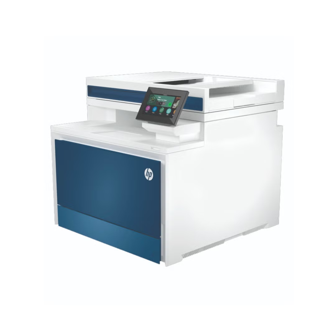 HP printer with blue and white design on a white background