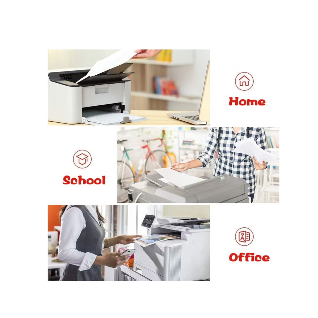Collage of a printer in use with icons labeled 'Home', 'School', and 'Office' on a white background.