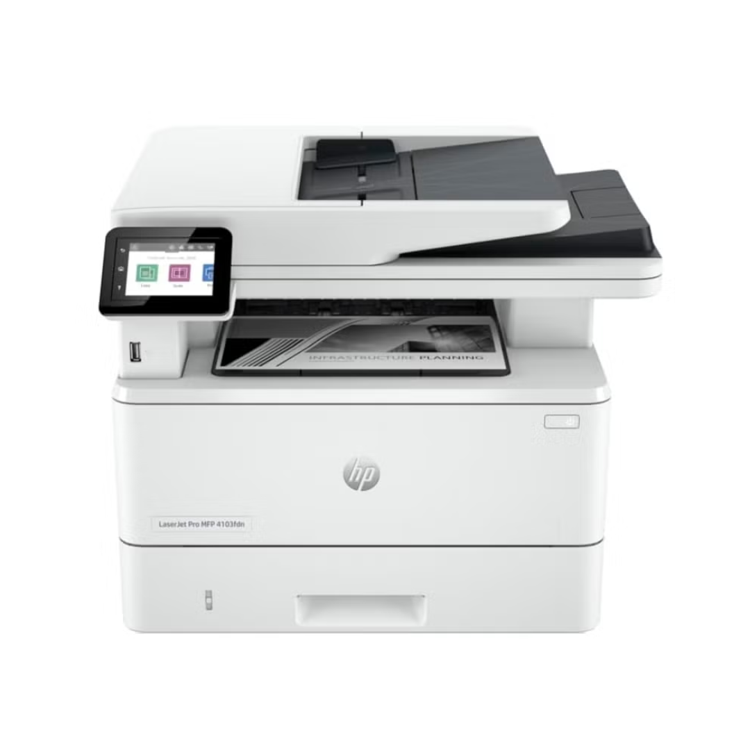 HP printer with touchscreen display on a white background
