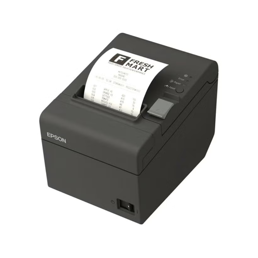 Epson thermal printer with a printed receipt on a white background