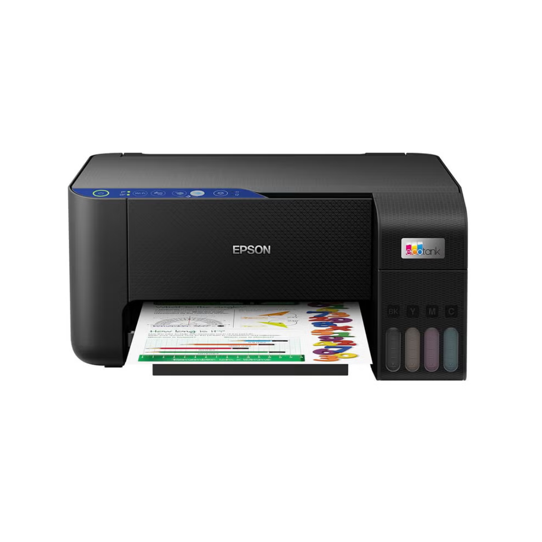 Epson printer with a colorful document on a white background