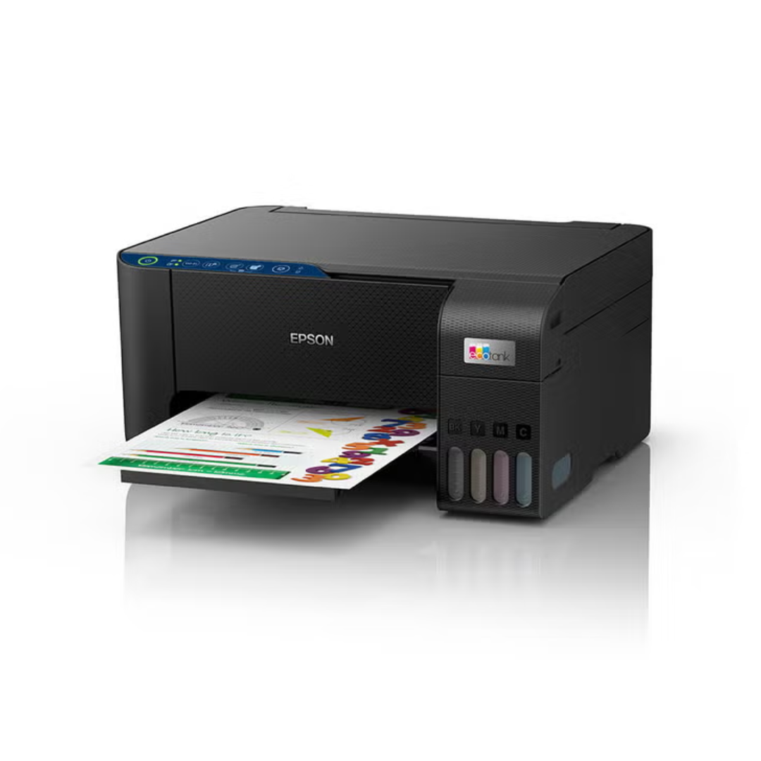 Epson printer with a colorful document on a white background