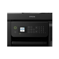 Black Epson printer with control panel on a white background