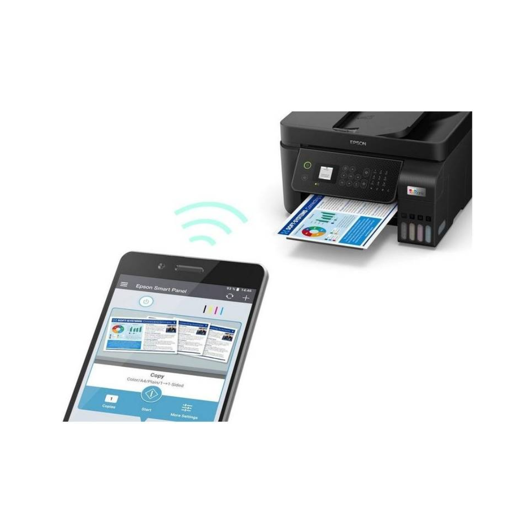 Black printer with smartphone displaying print app on a white background