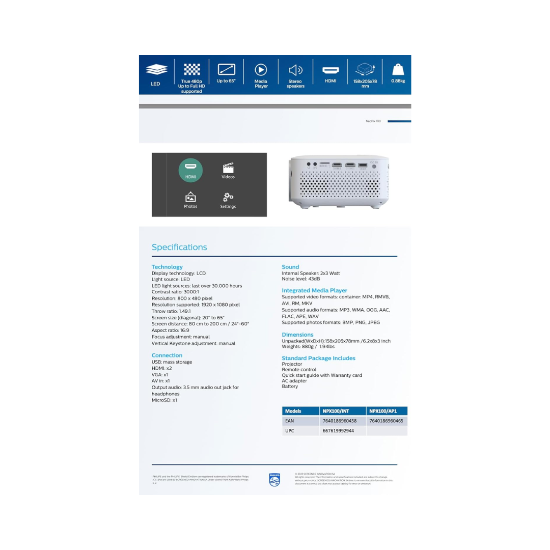Product specifications page with a device image and feature icons on a white background