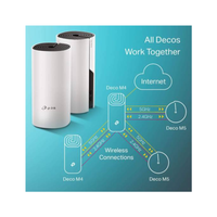 Two TP-Link Deco routers with a diagram showing wireless connections on a blue background