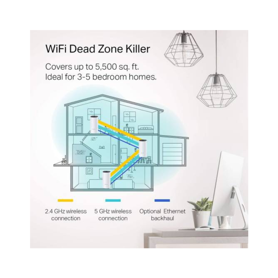 WiFi Dead Zone Killer product with house diagram and connection options on a white background
