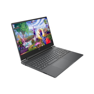 Laptop displaying a colorful game on a white background