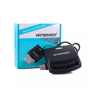 Haysenser smart card reader with packaging on a white background