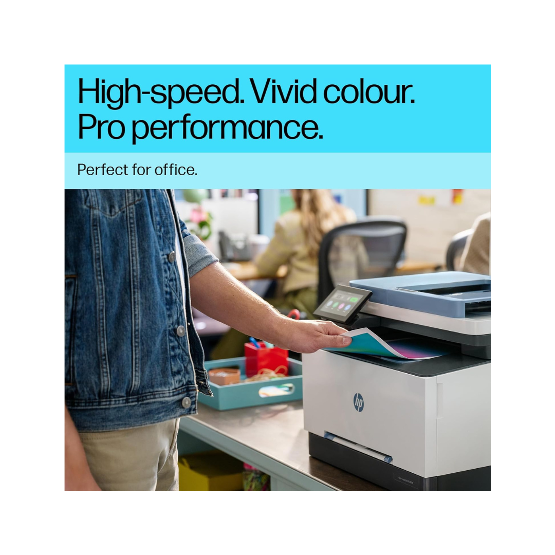 Person using a HP printer in an office setting with text highlighting features.