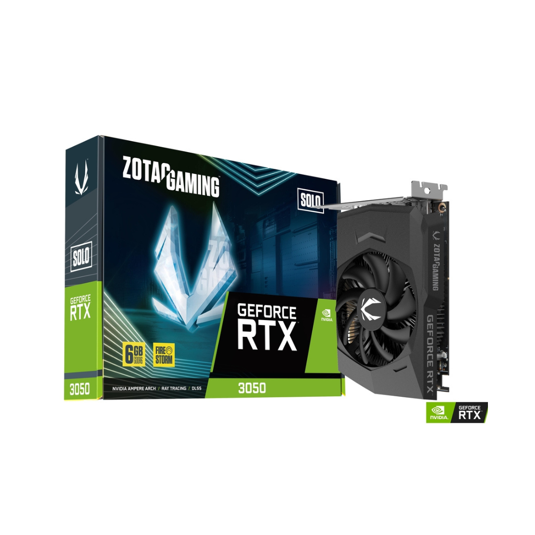 ZOTAC Gaming GeForce RTX graphics card with packaging on a white background