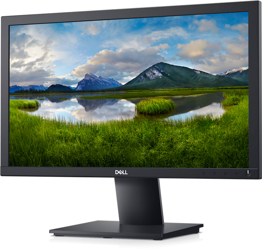 Dell monitor displaying a scenic wallpaper of mountains and lake