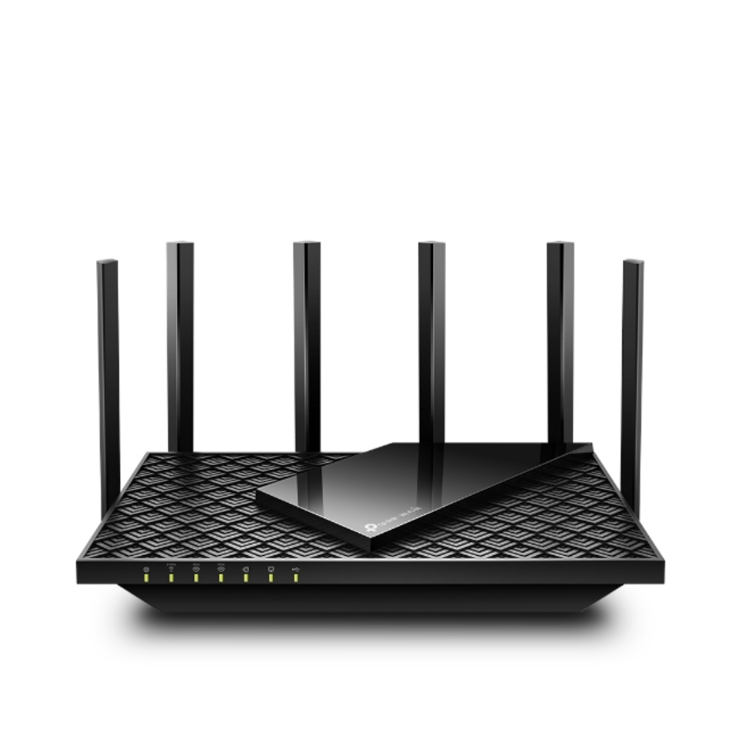 Black router with multiple antennas on a white background