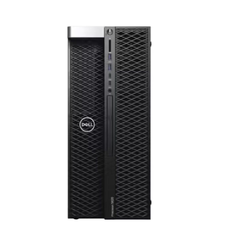 Dell computer tower with Intel, Xeon, and NVIDIA logos on a white background