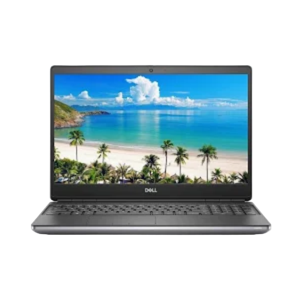 Laptop displaying a tropical beach scene on a white background