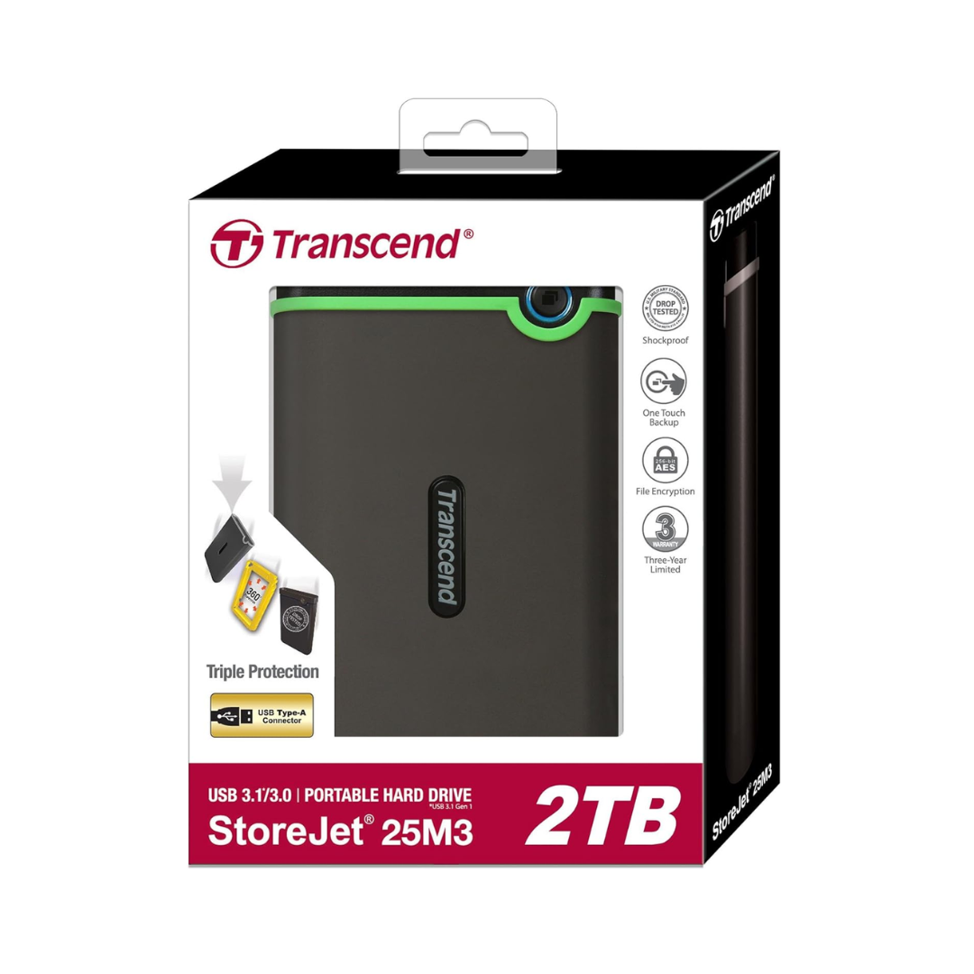 Transcend StoreJet 25M3 2TB portable hard drive packaging on a white background
