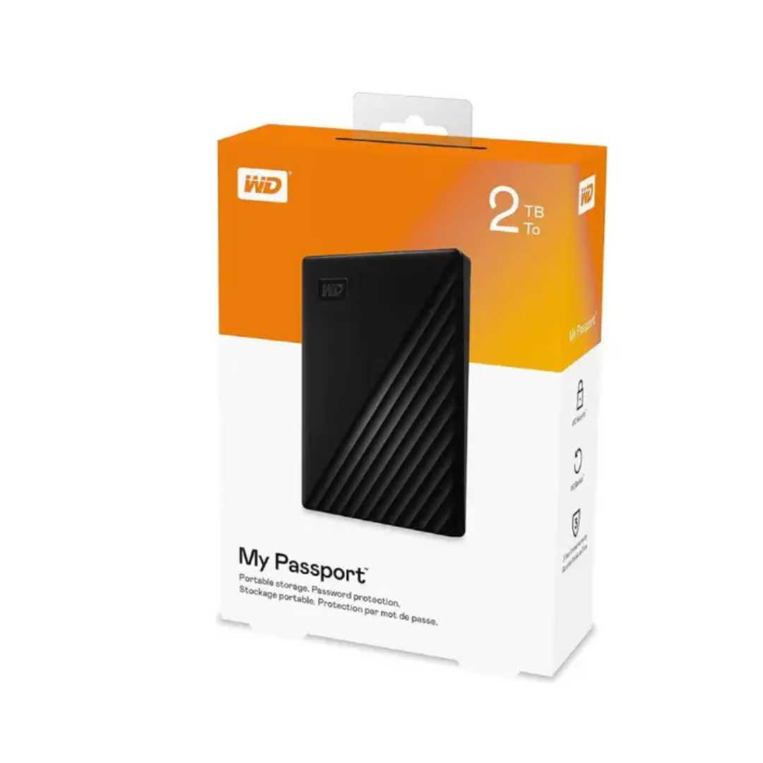 WD My Passport external hard drive packaging on a white background