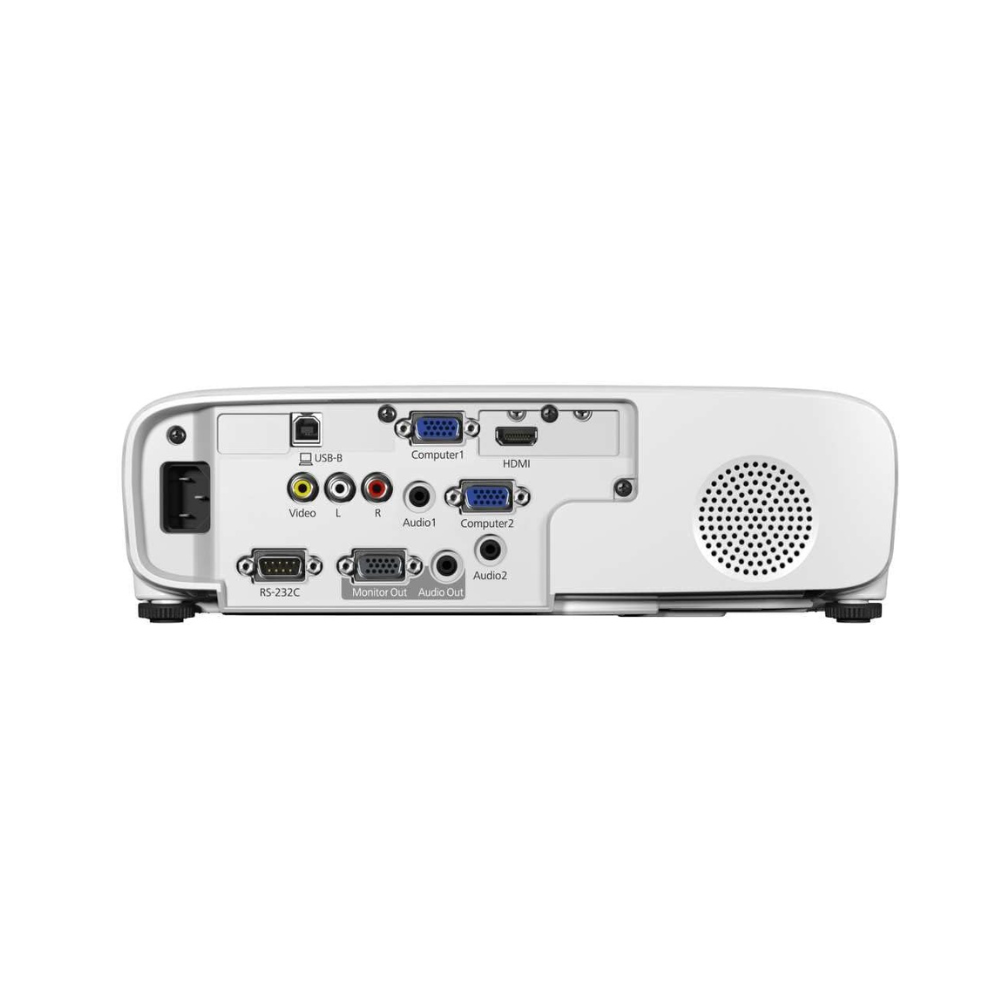 Back view of a projector with various ports on a white background