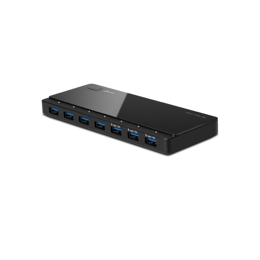Black USB hub with multiple ports on a white background