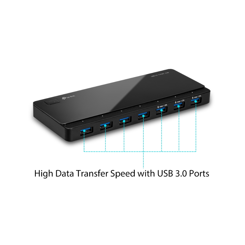 Black USB hub with multiple ports on a white background