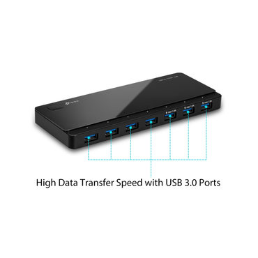 Black USB hub with multiple ports on a white background