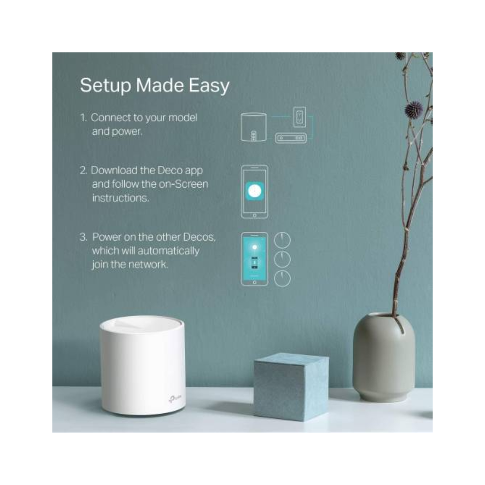 Smart home device setup guide with a white cylindrical device, blue cube, and vase on a light surface.