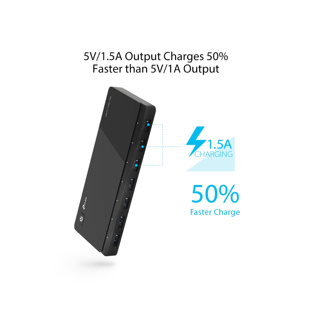 Black power bank with charging specifications on a white background