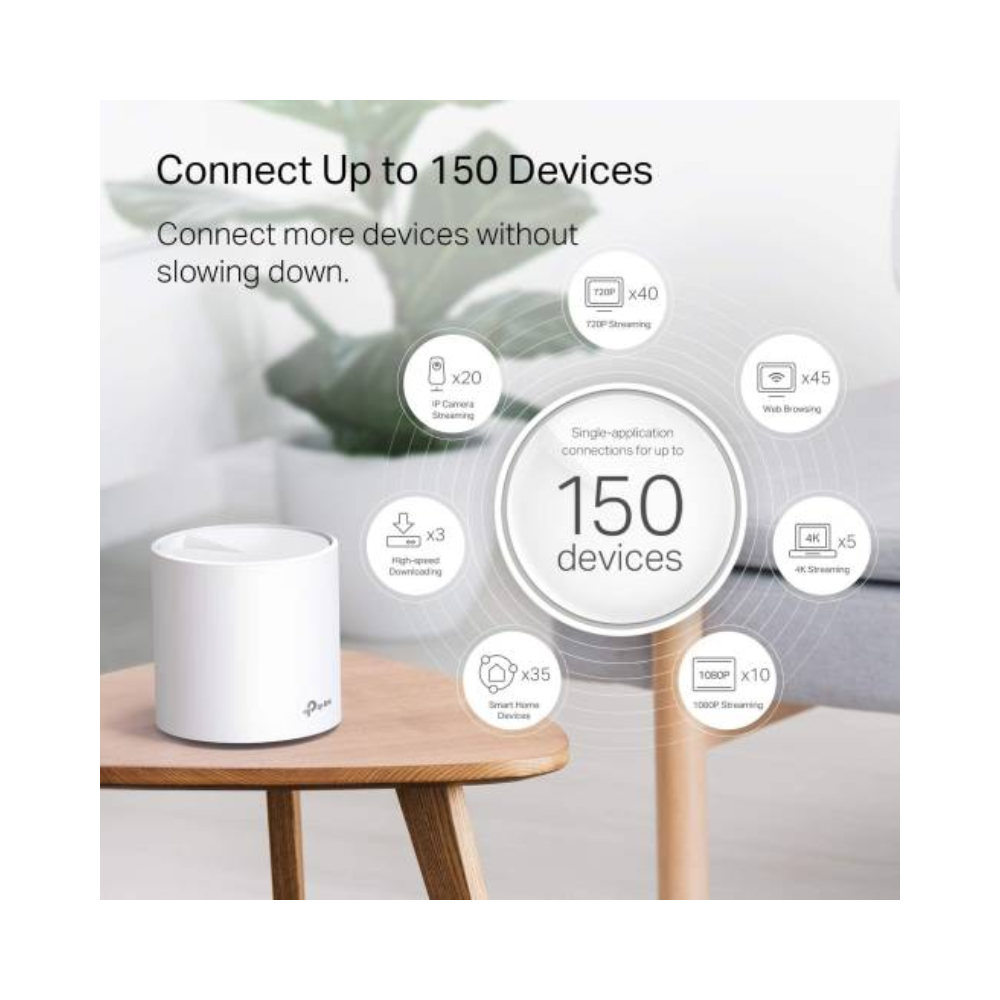 White device on a wooden table with text about connecting up to 150 devices.