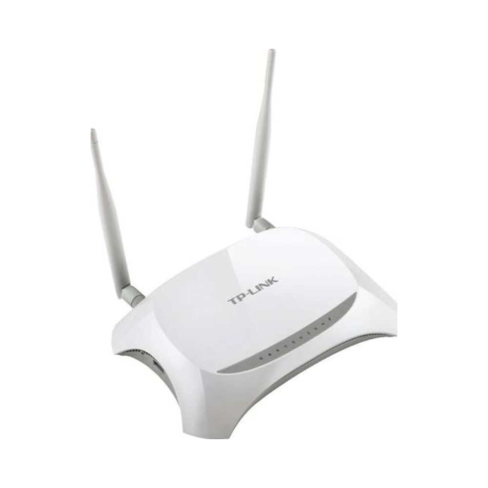TP-Link wireless router with antennas on a white background