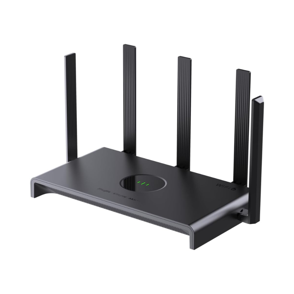 Black router with multiple antennas on a white background